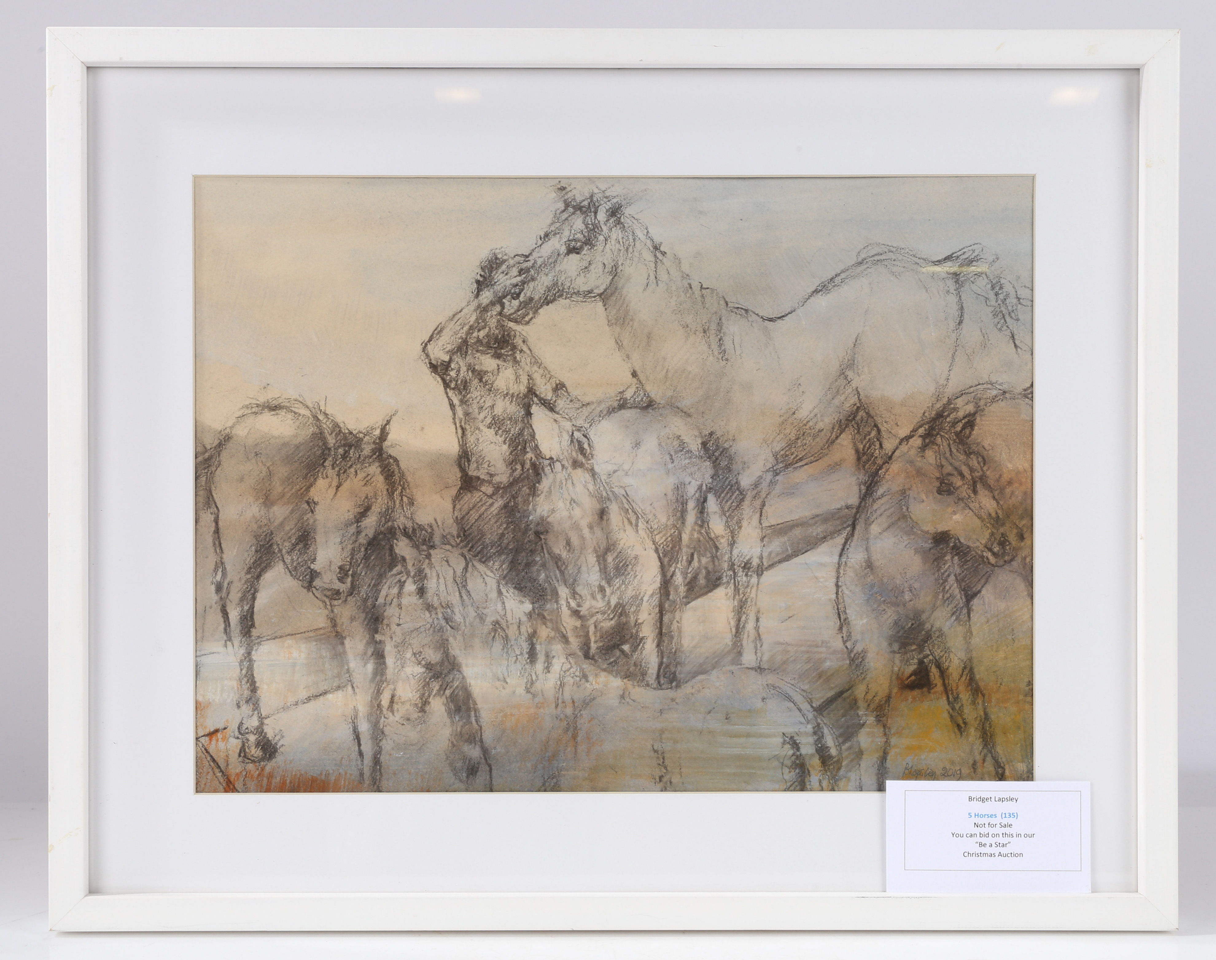 Bridget Lapsley paintings, "5 Horses" Charcoal housed within white and glazed frame We would like to