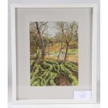 Bridget Lapsley "Spring Pond Alder Carr" pastels housed within white and glazed frames  We would