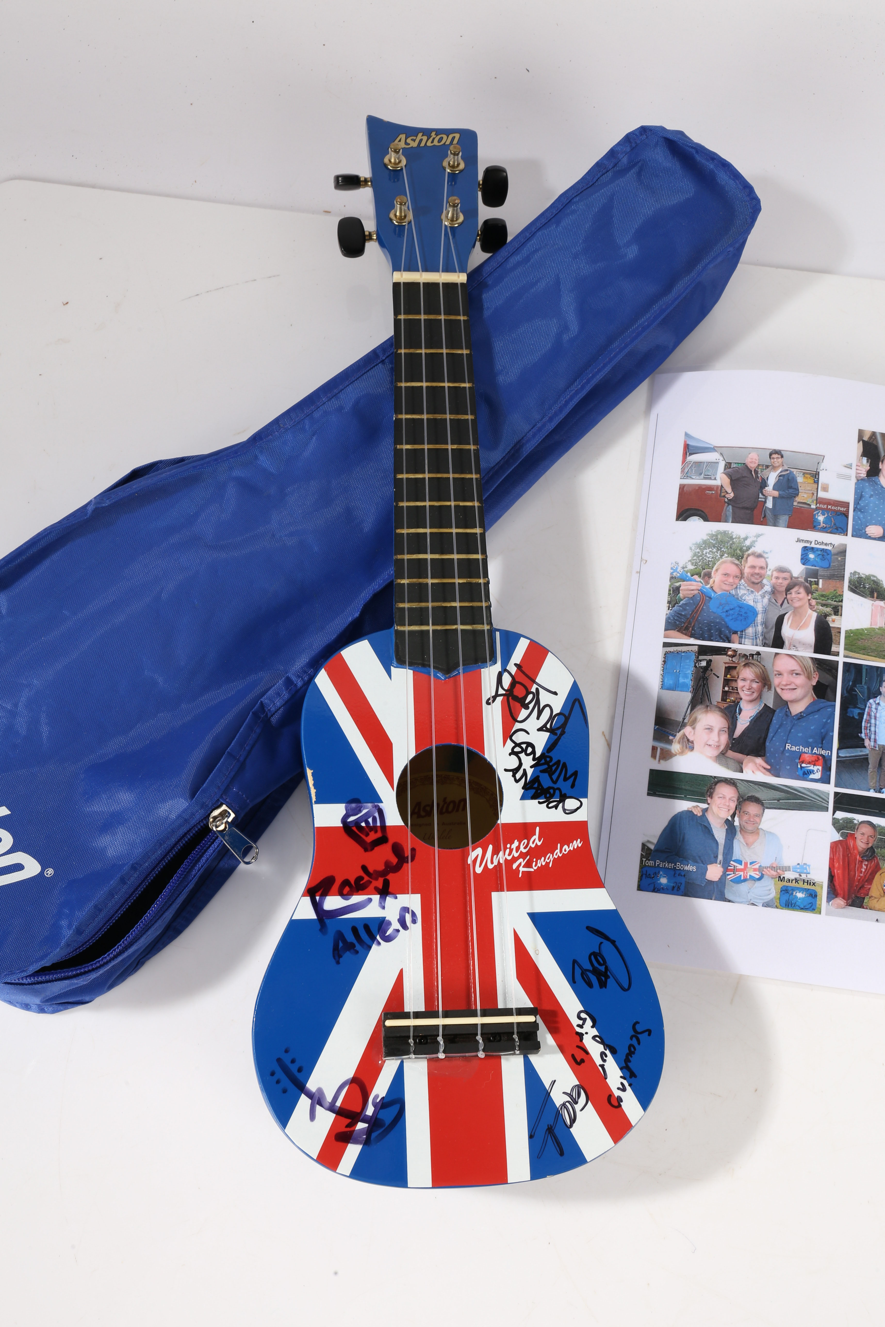 A Signed ukulele, the sigature were collected at Jimmy Farm Harvest Festival 2010, with signatures