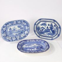 THREE 19TH CENTURY POTTERY BLUE AND WHITE TRANSFER DECORATED MEAT PLATES (3).