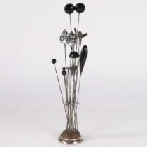 GEORGE V SILVER HAT PIN STAND AND THIRTEEN HAT PINS (14).