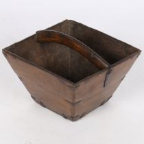 A 19TH CENTURY MAHOGANY AND IRON BOUND BOX.