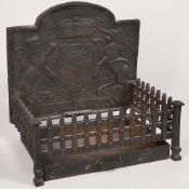 CAST IRON FIRE BASKET, WITH JAMES II CRESTED FIRE BACK WITH LIFTOUT TRAY.
