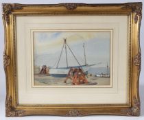 REGINALD MAYES (BRITISH, 1901-1992), BEACHED FISHING BOAT, SIGNED (LOWER LEFT), WATERCOLOUR.