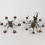 TWO BRASS CHANDELIERS, EACH WITH SCROLLING BRANCHES (2).