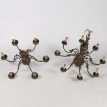 TWO BRASS CHANDELIERS, EACH WITH SCROLLING BRANCHES (2).