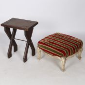 A 20TH CENTURY OAK STOOL, HAVING X FRAME LEGS TOGETHER WITH A PAINTED FOOTSTOOL WITH AN UPHOLSTERED