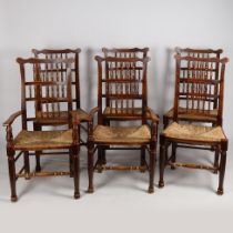 A SET OF SIX 19TH CENTURY LANCASHIRE SPINDLE BACK DINING CHAIRS (6).