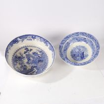 TWO LARGE BLUE AND WHITE TRANSFER DECORTAED BASINS/BOWLS.