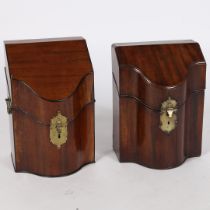 TWO SIMILAR GEORGE III MAHOGANY SERPENTINE FRONTED KNIFE BOXES.
