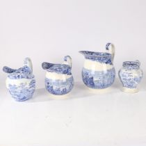 A COLLECTION OF FOUR 19TH CENTURY BLUE AND WHITE TRANSFER DECORATED JUGS (4).