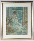 P.H (20TH CENTURY) LADY SEATED AT A TABLE DRINKING TEA.