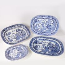 FOUR 19TH AND EARLY 20TH CENTURY BLUE AND WHITE TRANSFER DECORATED MEAT DISHES/SERVING DISHES, (4).