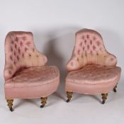 A PAIR OF 19TH CENTURY BUTTON BACK CORNER SALOON CHAIRS.