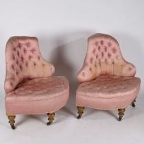 A PAIR OF 19TH CENTURY BUTTON BACK CORNER SALOON CHAIRS.