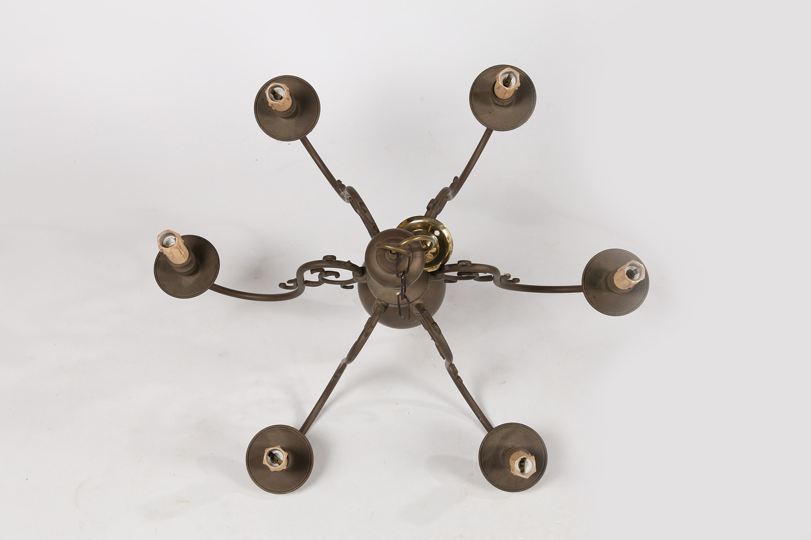 TWO BRASS CHANDELIERS, EACH WITH SCROLLING BRANCHES (2). - Image 2 of 8