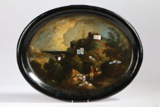 A VICTORIAN PAPIER MACHE AND MOTHER OF PEARL INLAID TRAY OF OVAL FORM.