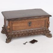 A 19TH CENTURY OAK TABLE TOP COFFER/BOX.