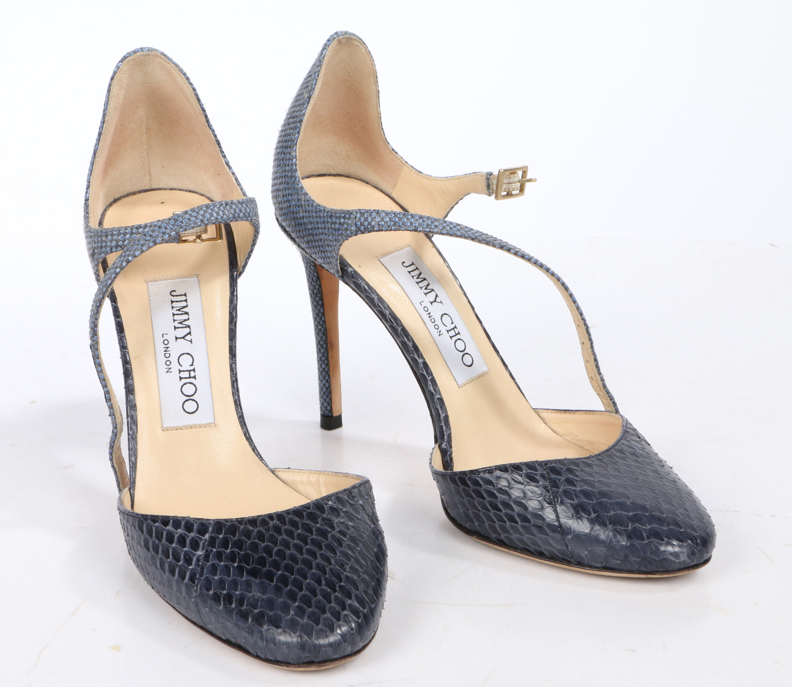 A pair of Jimmy Choo blue snakeskin high heels, size 35.