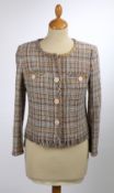 A Chanel multi-coloured short tweed jacket with pastel CC logo buttons, size 36