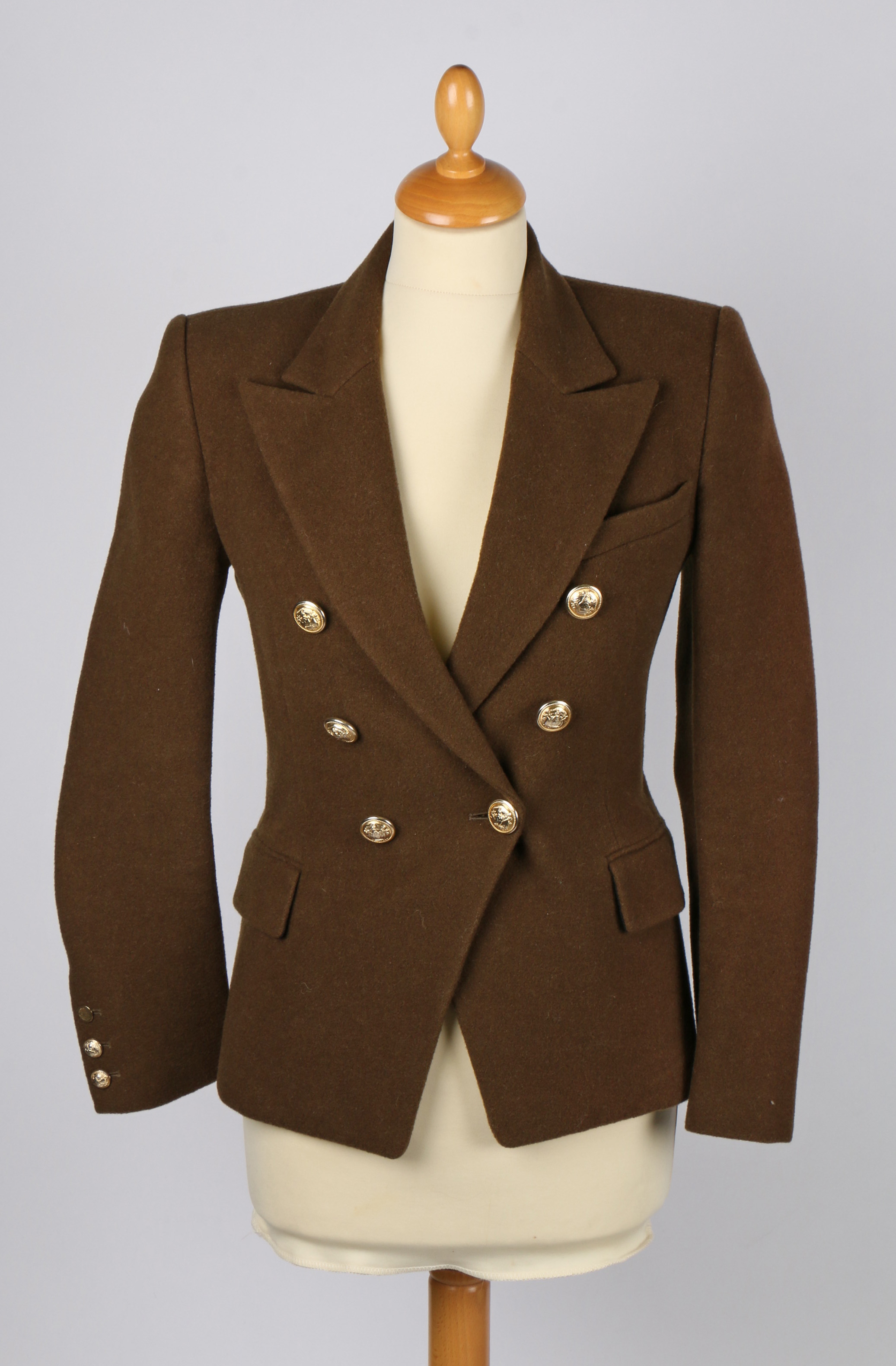 A Balmain khaki green wool double breasted blazer with gold buttons, size 36.