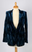 An Yves Saint Laurent crushed velvet single breasted teal jacket, size 34.