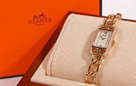 A Hermes Nantucket 18 carat rose gold and diamond ladies wristwatch, the signed mother of pearl dial