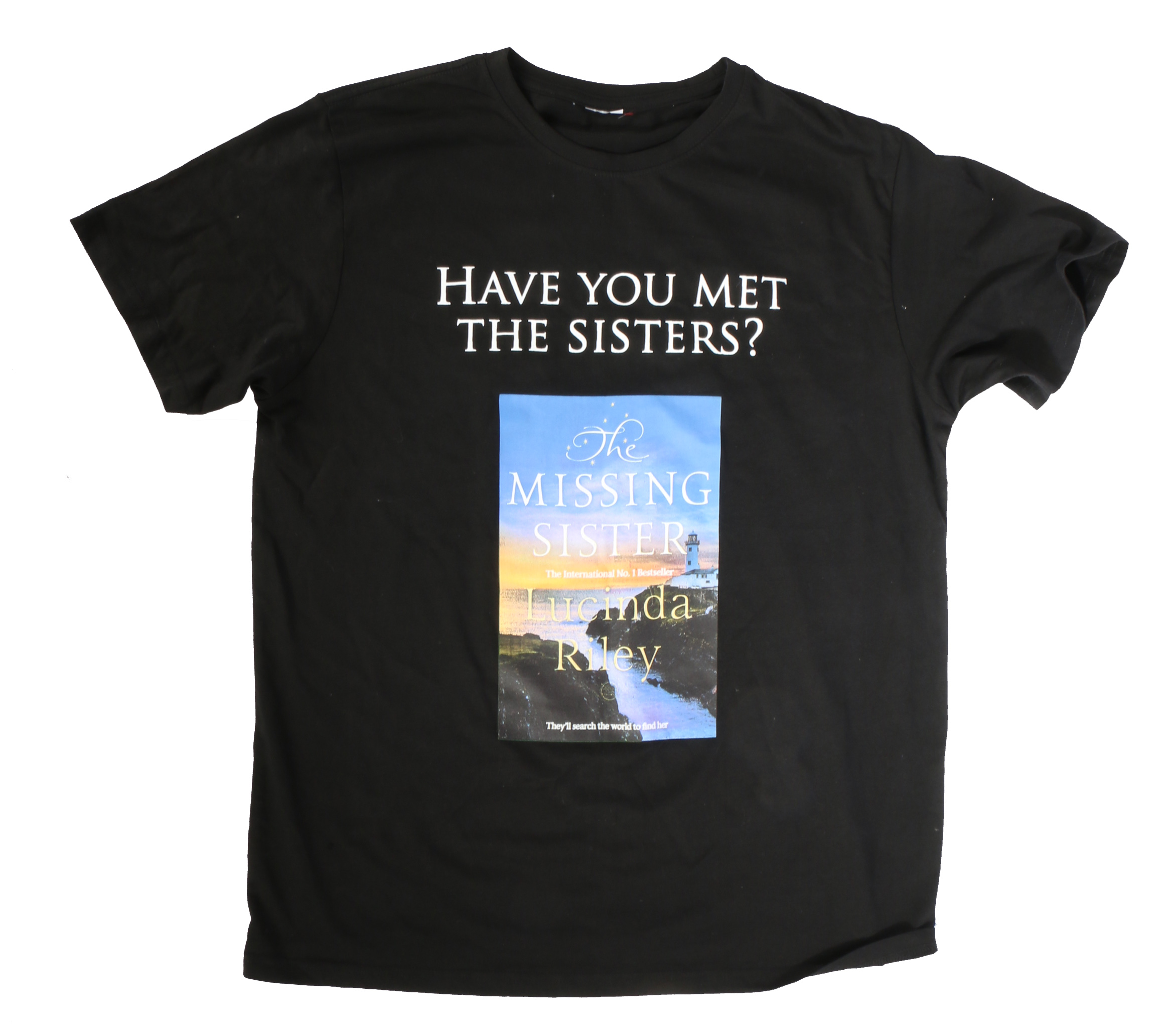 A large ‘Missing Sister’ t-shirt, with an illustration of the book printed to the chest