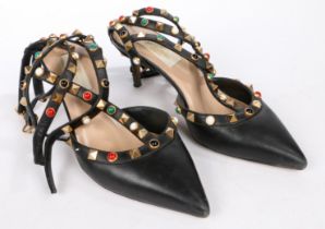 A pair of Valentino Garavani 'rockstud' heeled sandals with gold studs and cabochon stones. Size 35