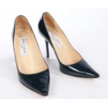 A pair of Jimmy Choo black patent stiletto heels, size 34.5.