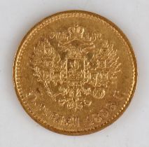 A Russian 5 Rouble gold coin, 1898