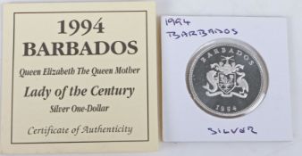 A Royal Mint Barbados silver one dollar coin, 1994, with certificate