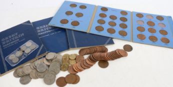 A collection of coins to include four Whitmans albums, sixpence, pennies, two halfpennies,