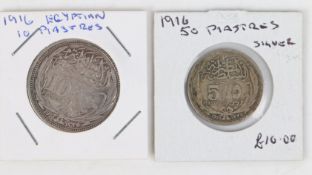 Two Egyptian 10 Piastres and 5 Piastres coins, both dated 1916 (2)