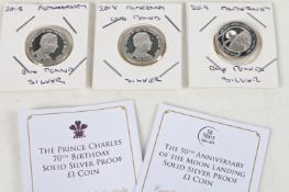 Three Jubilee Mint silver £1 coins, two commemorating the 70th of birthday of Prince Charles 2018,