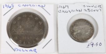 A Canada silver dollar 1965, a Canada 25 cent 1967 (2)