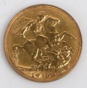 An Edward VII gold sovereign, 1910, St. George and the dragon