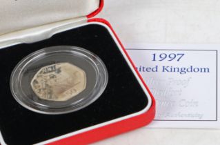 Royal Mint 1997 united kingdom silver proof piedfort fifty pence piece, cased with certificate