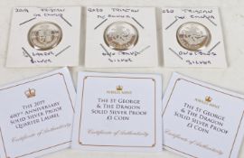 Three Jubilee Mint Tristan da Cunha silver coins, 2019 quarter Laurel, two 2020 £1 coins, with