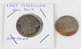 A Brazilian 500 reis coin 1867, a Straits Settlement twenty cents coin 1919 (2)