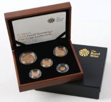 A Royal Mint 2009 gold proof sovereign five coin collection, £5, double sovereign, sovereign, half