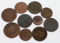 Coins to include Portuguese ten Reis 1738 and 1846, Spanish five and ten Centimos 1870 etc. (10)