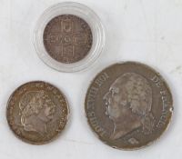 A Louis XVIII five franc coin, 1824, a George III bank token, 1s. 6d. 1814, A George II shilling
