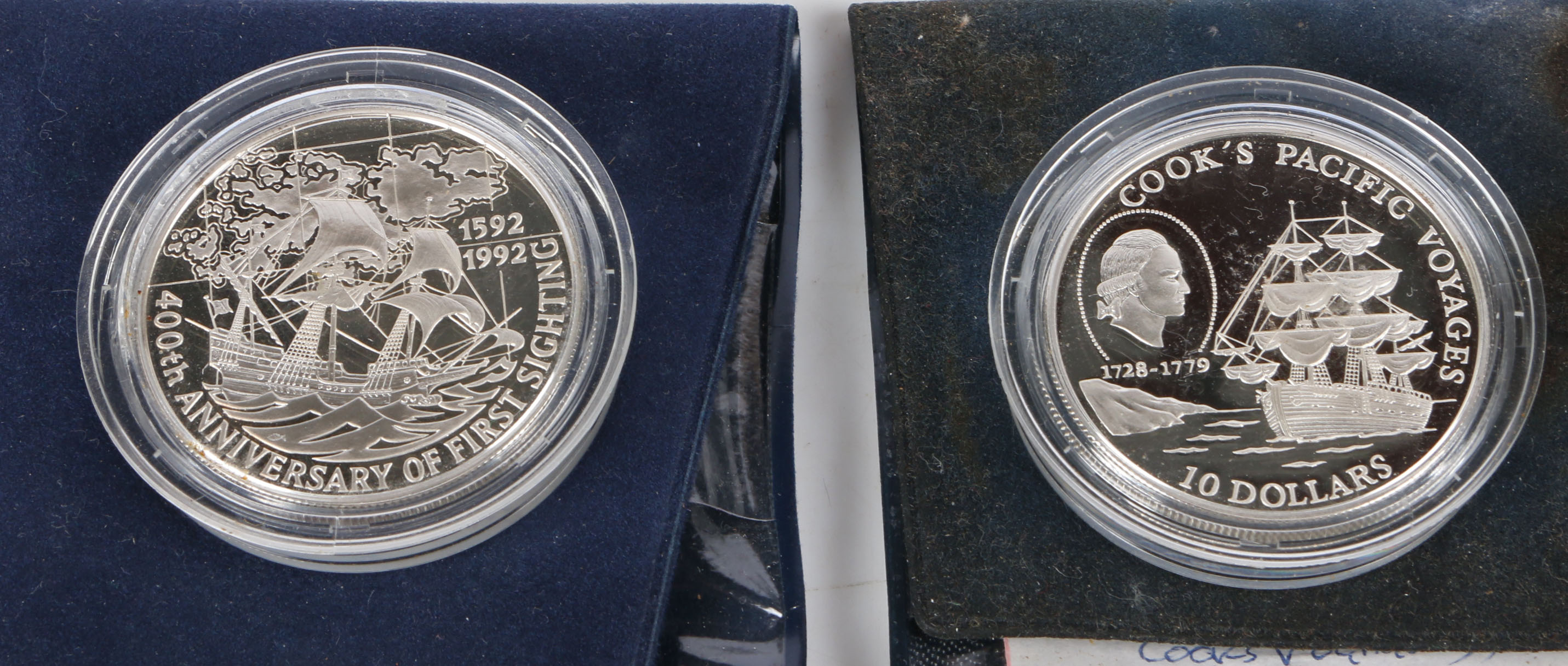 Niue silver proof 10 dollar coin 1992, Cooks Pacific Voyages, Falkland Islands silver proof £5