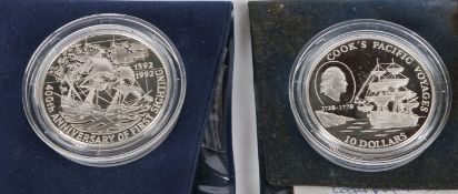 Niue silver proof 10 dollar coin 1992, Cooks Pacific Voyages, Falkland Islands silver proof £5