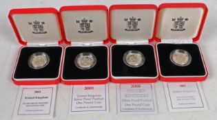 Four Royal Mint piedfort silver proof one pound coins, 2000, 2001, 2002 and 2003, cased with