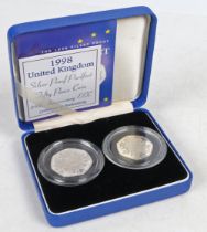 A Royal Mint silver piedfort fifty pence two coin set, 1992 and 1998, cased with certificate