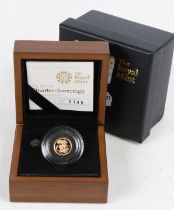 A Royal Mint 2010 UK quarter sovereign gold proof coin, St. George and the dragon, cased with