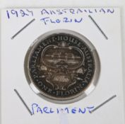 A George V Australian Florin, 1927, depiction of Parliament House verso