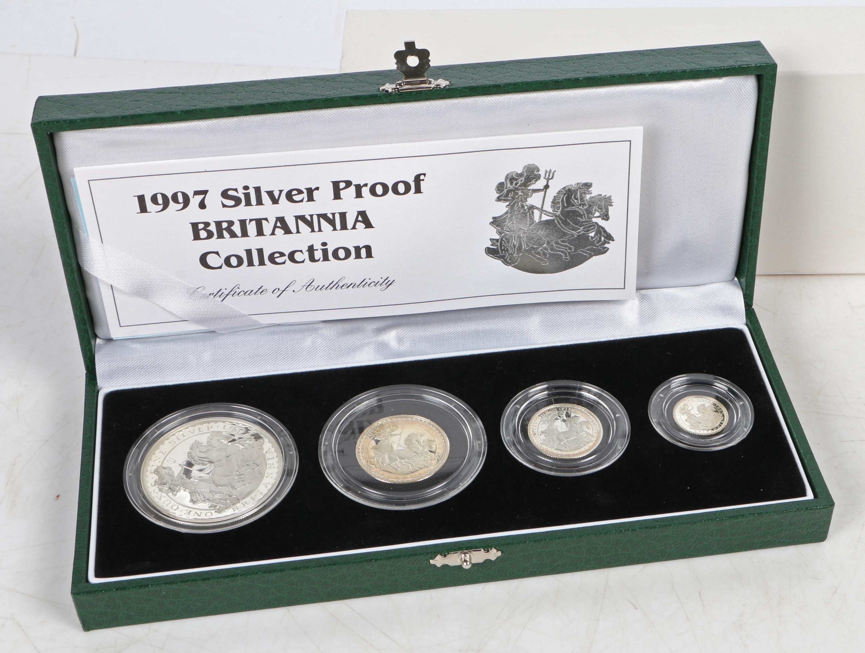 A Royal Mint 1997 silver proof Britannia collection four coin set, cased with certificate